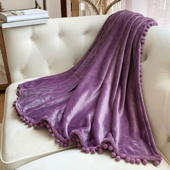 Lavender Pompom Soft Velvety Velour Pom Pom Throw Blanket Boho Chair Cover New - Picture 1 of 9